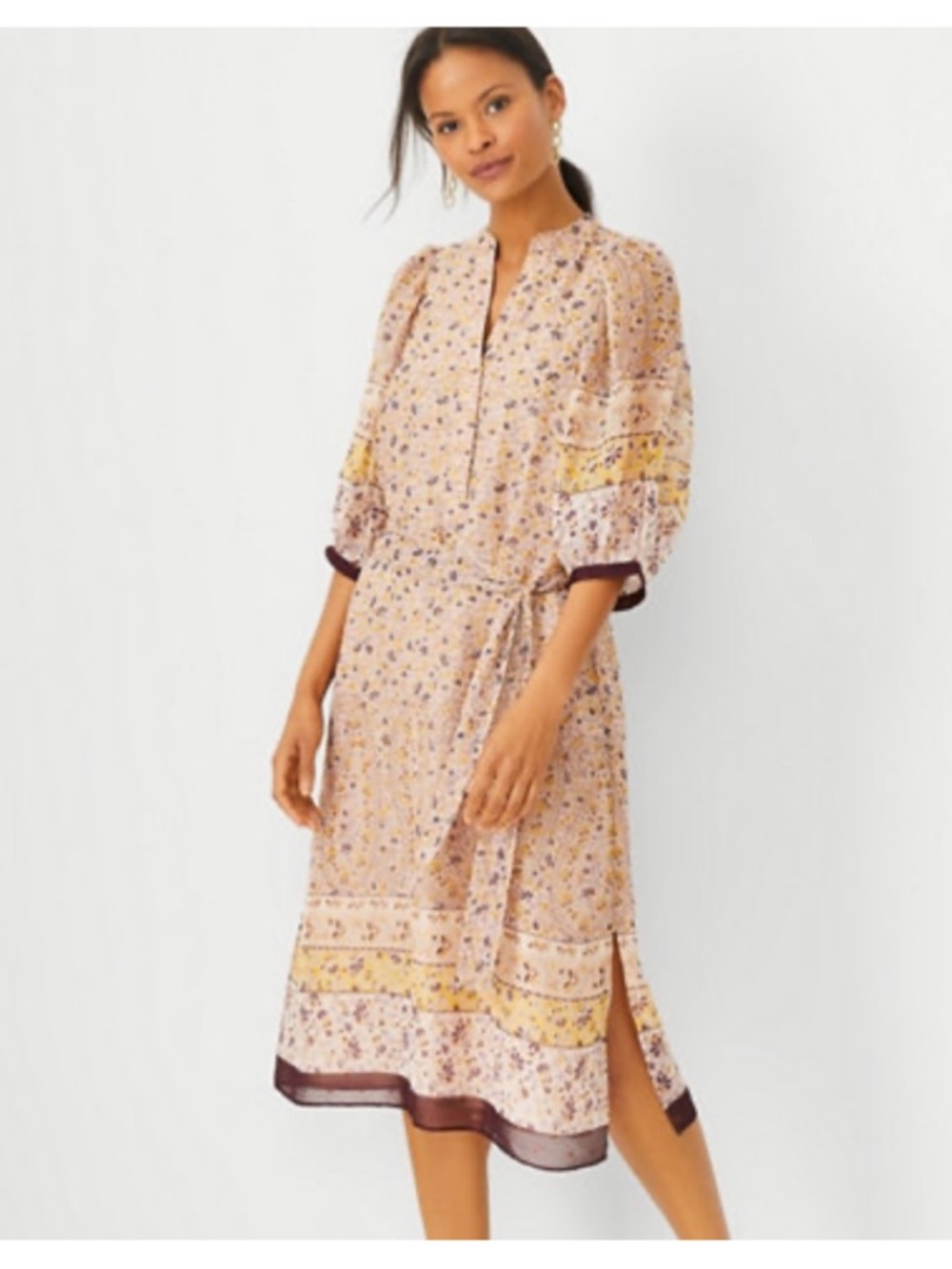 Ann Taylor Blush Floral Midi Dress with Contrast Trim